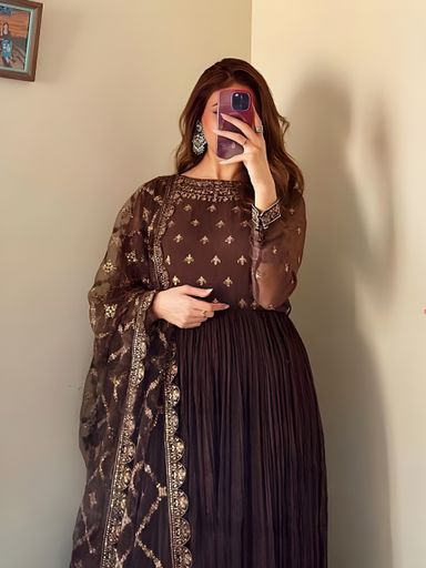 Party Wear Look Pure Crush Chinon Silk Fancy Gown set | Code G170 GR