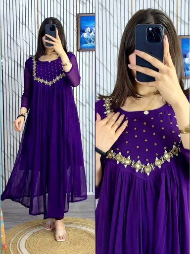 BLOOMING GEORGETTE HANDWORK  KURTI WITH REAL MIRROR WORK | Code D268 MN