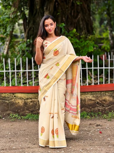 Kathakali and onam theme digital print Golden tissue saree | Code TS134 KBB