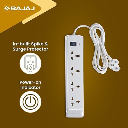 Bajaj 4-Way Spike Guard – 3-Pin Universal Sockets, 11001 2M Cable, Fire Safe, 6-Month Warranty