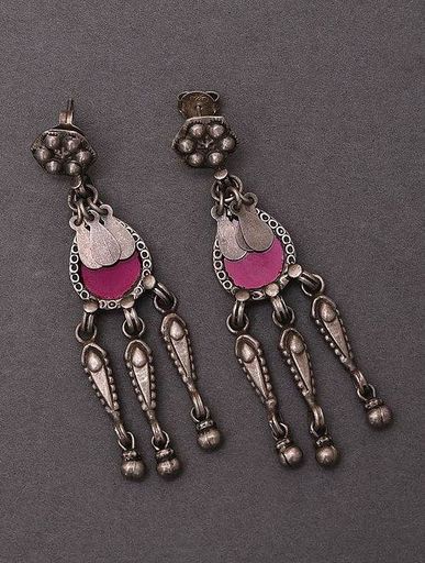 Pink Glass Tribal Silver Earrings