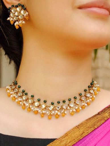 Green Orange Gold Tone Necklace
