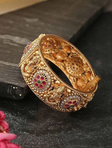 Green Red Gold Plated Temple Kada