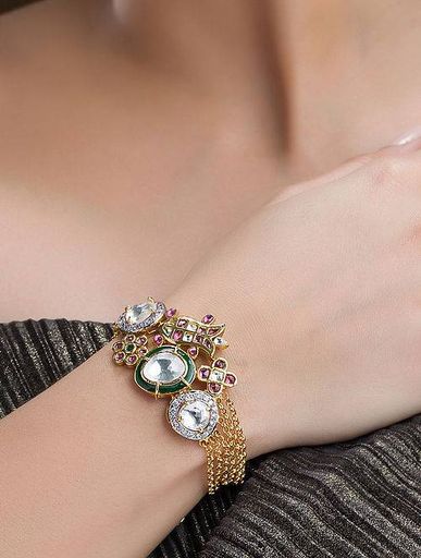 Pink Green Gold Tone Kundan Bracelet