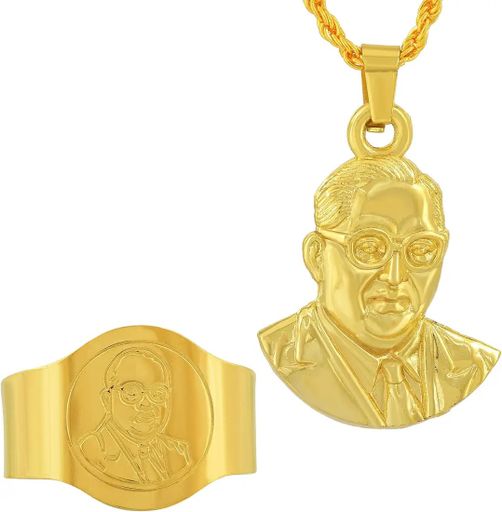 Memoir Brass Gold Plated Babasaheb Bhimrao Ambedkar Pendant and Finger Ring Combo Jewellery Men and Women