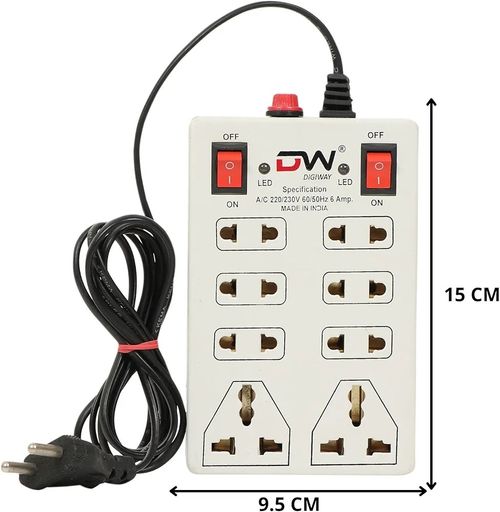 240 Volts 8 + 2 Mini Power Strip Extension Cord || Board with 2 Switch || Indicator, Safety Fuse & 8 International sockets || 2 Meter Cord Wire (8 + 2 Mini Power Strips)
