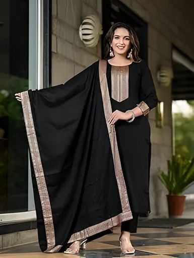 "Black Kurta Set with Gold Border – Stylish & Comfortable Ethnic Wear"