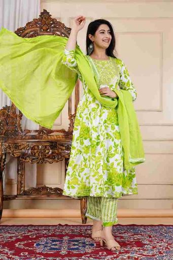 White & Green Floral Anarkali Suit – Refreshing & Elegant