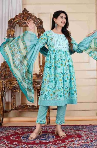 Sky Blue Floral Anarkali Suit – Chic & Graceful