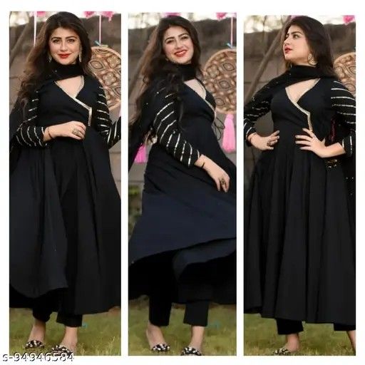 Black Anarkali Suit with Chic Striped Sleeves & Dupatta