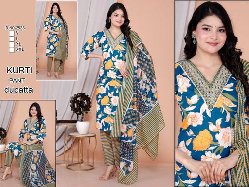 Vibrant Blue & Yellow Floral Cotton Suit Set