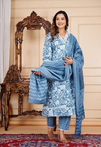 Graceful Blue Floral Cotton Suit Set