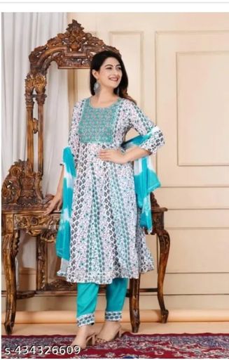 Graceful Blue & White Printed Cotton Suit Set