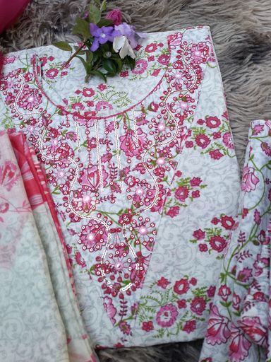 Elegant White & Pink Floral Embroidered Cotton Suit Set