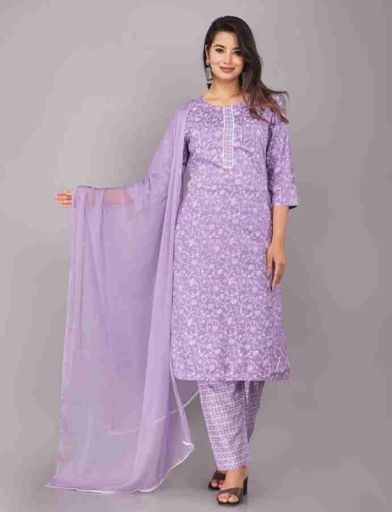 Lavender Printed Cotton Suit Set