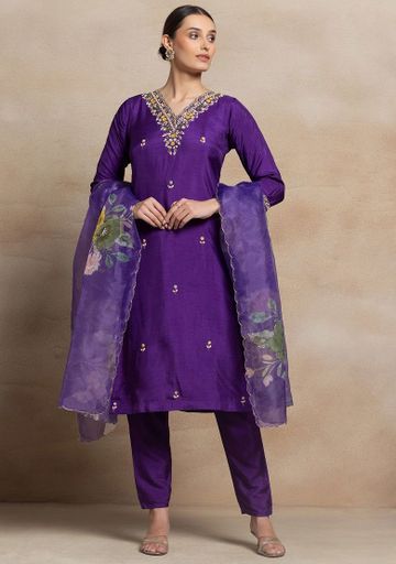 Royal Purple Embroidered Suit Set with Organza Dupatta