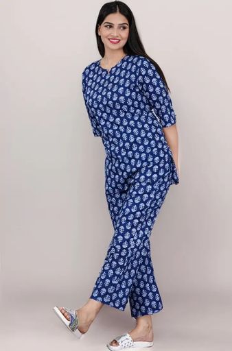 Navy Blue Printed Cotton Night Suit