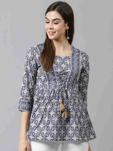 Grey & Blue Printed Cotton Peplum Top