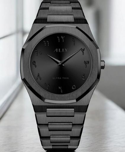 Brand: ALIX Black soft-touch Ultra Thin high contrast Arabic numeral display stainless steel water resistant analog watch