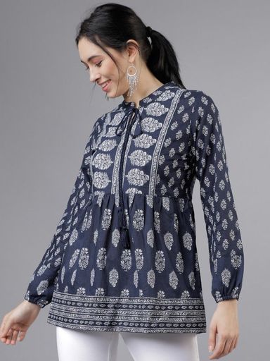 Navy Blue & White Printed Tunic