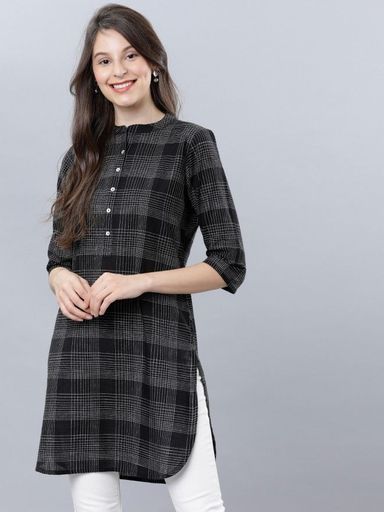 Cotton Shirt Collar Checked Tunic