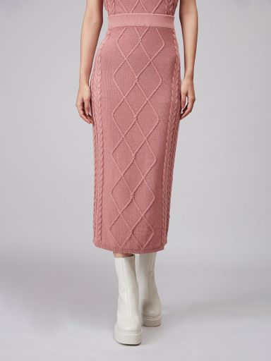 Pink Solid Fitted Midi Skirt