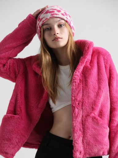 Pink Faux Fur High Neck Jacket