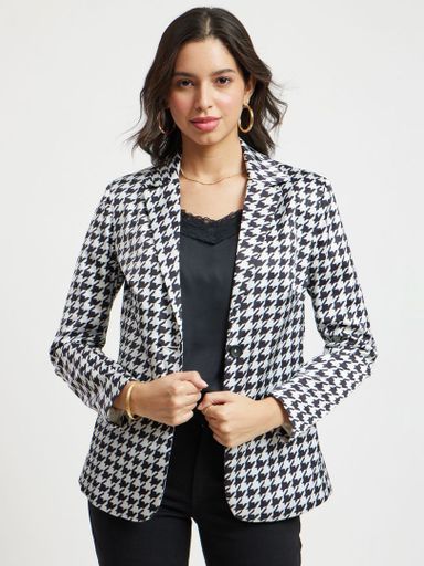 Satin Houndstooth Print Blazer