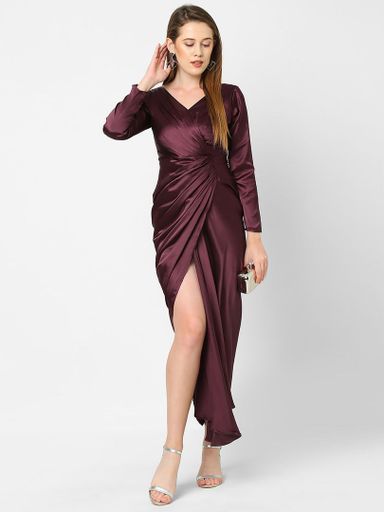 Maroon Puff Sleeve Midi Dress