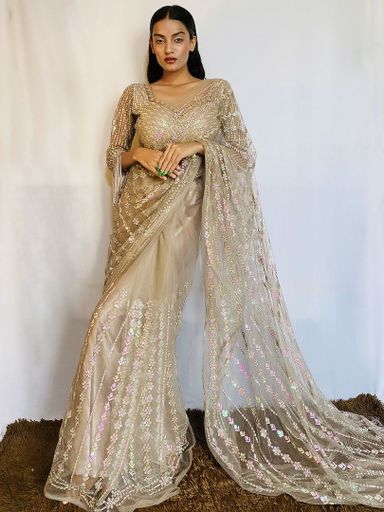 Designer Beige Net Sequins Saree