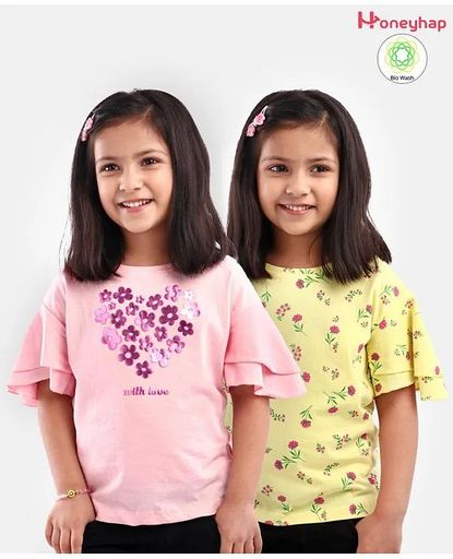 Honeyhap Cotton Half Sleeves T-Shirt shirt Pack of 2- Yellow & Pink