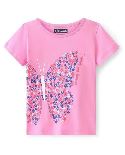 Cotton Half Sleeves T-shirt With Butterfly Print - Pink