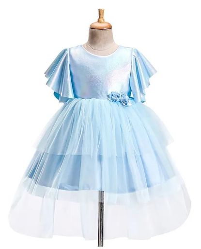 Flared Sleeves Fit and Flare High Low Party Dress with Floral Corsage 