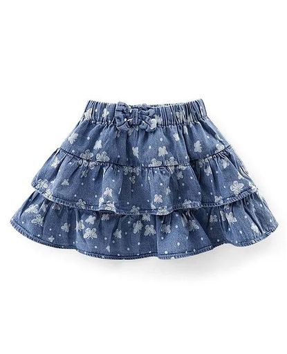Cotton Denim Mid Thigh Length Frill Skirt Floral Print 