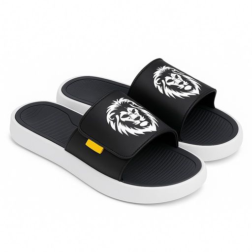 "Men's Stylish Black Slip-On Sliders with Bold Lion Print and White Sole – Casual & Comfortable Footwear"