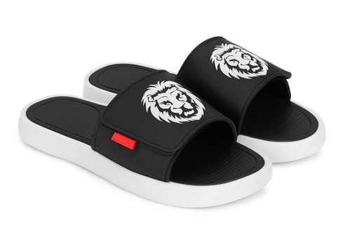 "Men's Stylish Black Slip-On Sliders with Bold Lion Print and White Sole – Casual & Comfortable Footwear"