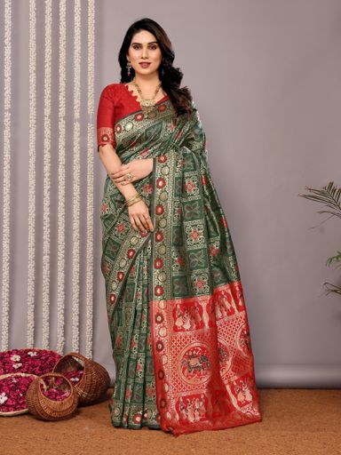 Dark Green Silk Woven Banarasi Saree 