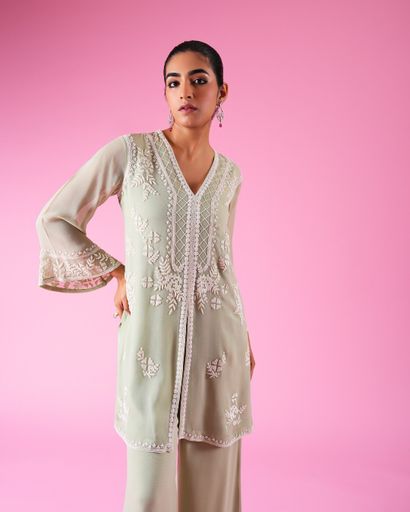 Sage Green Embroidered Kurta with Flared Trousers