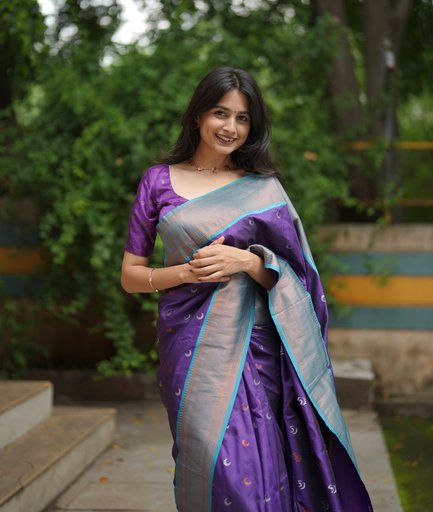 Royal Purple Silk Blend Saree with Soft Zari Border & Crescent Motifs | Traditional Indian Elegance
