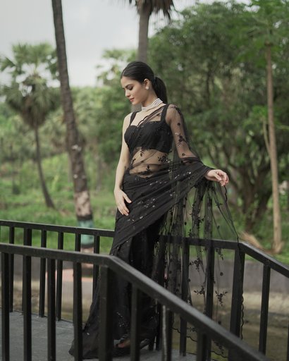 Midnight Black Embroidered Net Saree – Luxe Partywear Edition