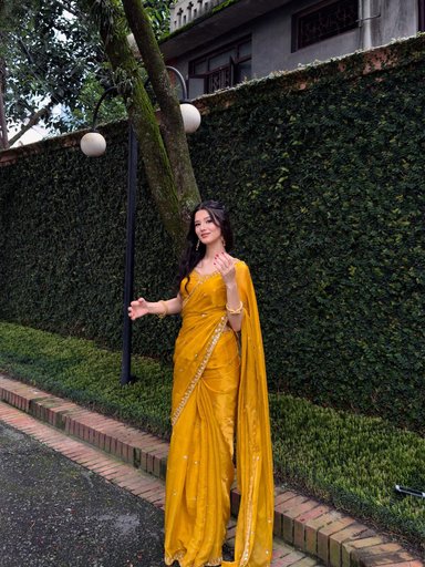 Mustard Yellow Georgette Saree with Subtle Mirror Work