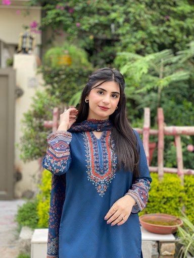 Navy Blue Cotton Embroidered Kurta Set with Dupatta