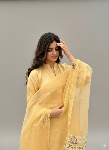 Pastel Yellow Cotton Kurta with Sheer Embroidered Dupatta