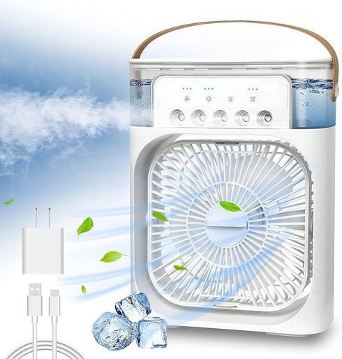 Portable 4-in-1 Air Conditioner Fan | Mini USB Air Cooler with 5 Mist Holes & Quiet Operation.