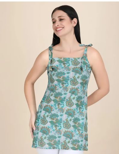 Women Light Green Sleeveless Floral Short  Kurti