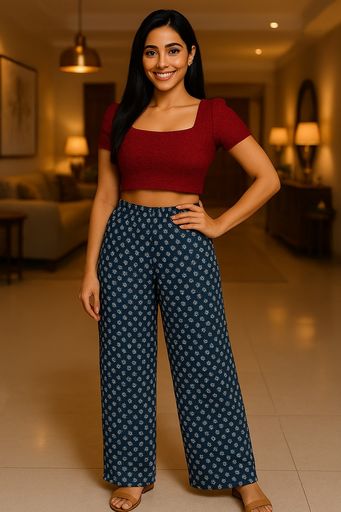 Women's Indigo Block Print Wide-Leg Palazzo Pants