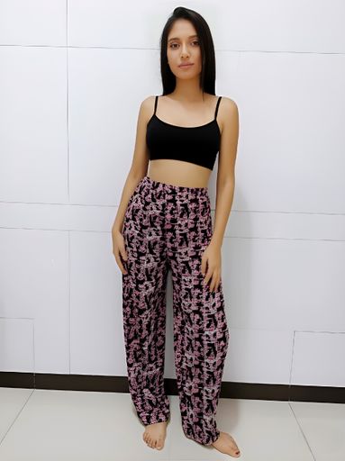 Women's Black & Pink Abstract Floral Printed Wide-Leg Palazzo Pants