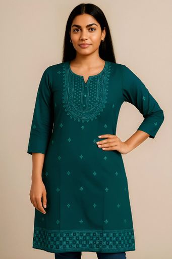 Women's Teal Green Printed Straight Kurta with Embroidered Neckline
