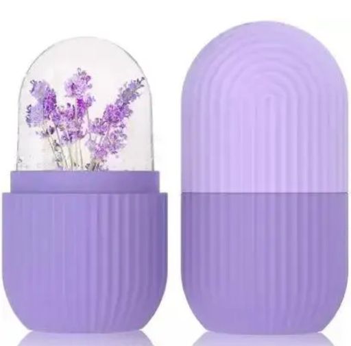 lavender-colored container with a transparent dome top, inside which there are small purple