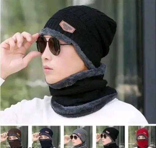 Men Or Women woolen cap with muffler and gloves unisex Beanie Cap set +1 Pairs coolARM Sleeves Free
